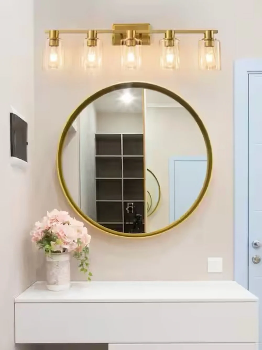 Gold Finish 5-Light Vanity Wall Sconce - Modern Glass Shade Bathroom Lighting